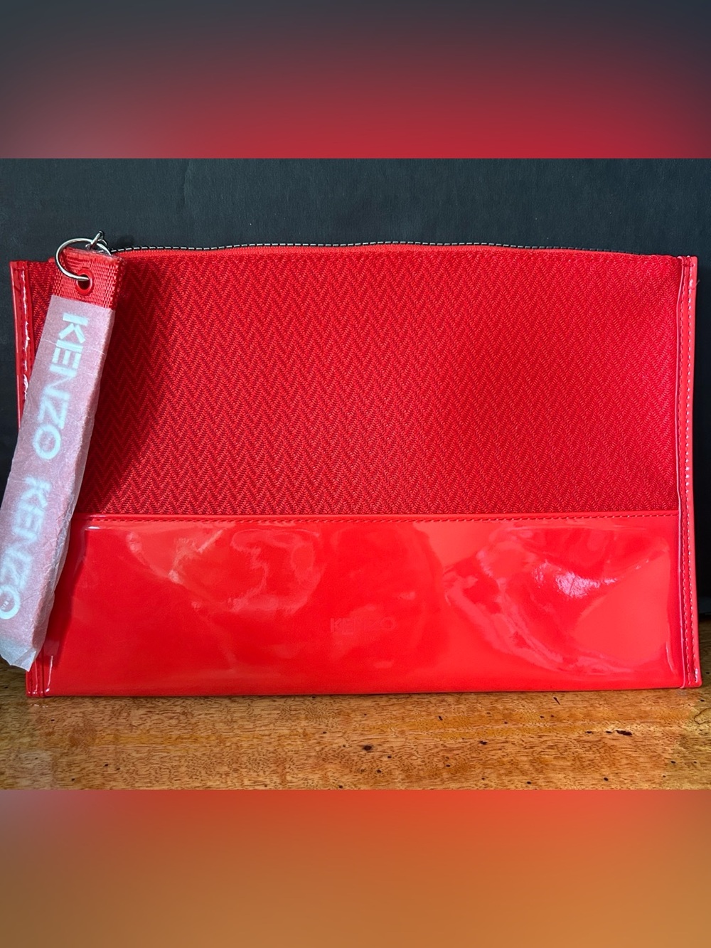 NEW Kenzo Bright Red Textured & Patent Zip Pouch